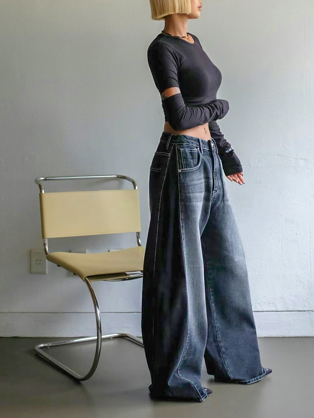 WASHED SIDE WIDE JEANS