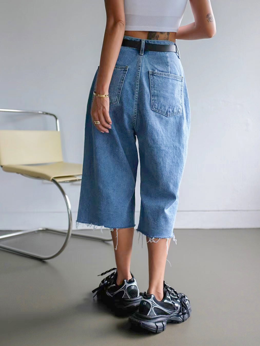 WASHED LONG LENGTH DENIM JORTS